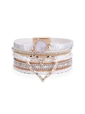 Elegant White and Gold Heart Layered Bracelet OS
